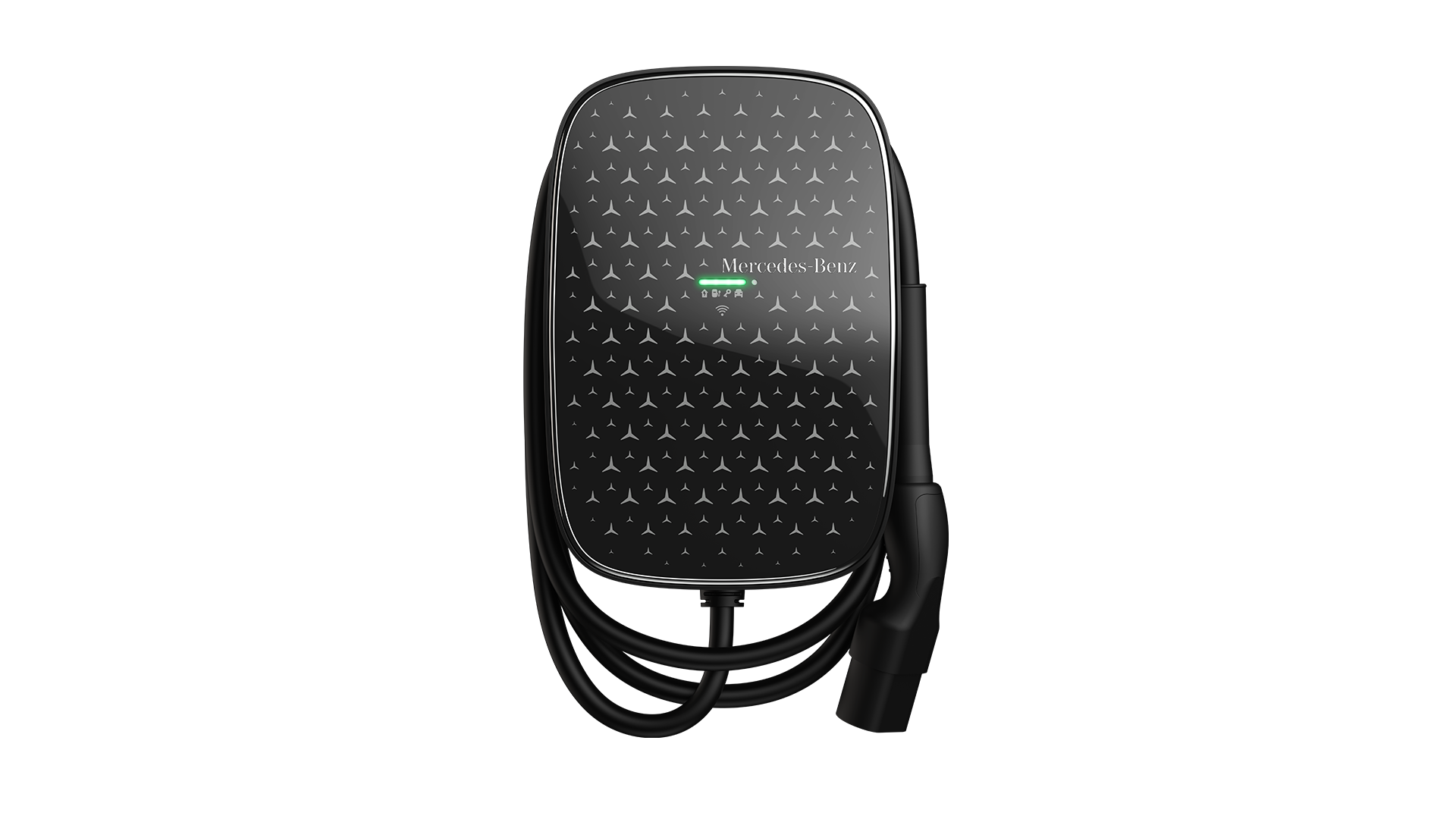 Mercedes-Benz Wallbox sähköauton latauslaite valkoisella taustalla.